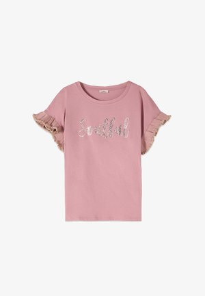 Roze shirt met korte mouwen met gerimpelde mouwranden en "Soulful" geschreven op de borst in zilveren pailletten.