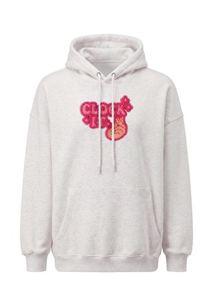 Lysegrå hættetrøje med frontlomme og pink tekstur tekst og flammedesign centreret på brystet.