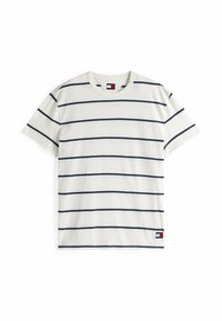 Wzorzysty krótki rękaw T-shirt w kremowym kolorze z granatowymi poziomymi paskami. Wykonany z bawełny, z okrągłym dekoltem i małym logo na dolnym brzegu.