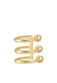Bague en métal plaqué or avec trois bandes courbées aux extrémités sphériques, surface lisse et design minimaliste. Pas d'embellissements supplémentaires.