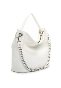 Biała skórzana torebka o gładkiej fakturze, z łańcuszkowym paskiem, srebrnymi okuciami i miękkim, nieusztywnionym fasonem. Górne zamknięcie na zamek błyskawiczny.