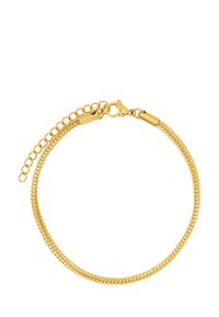 Bracciale color oro con un design intrecciato e texturizzato. Caratterizzato da una chiusura sicura e un'estensione della catena regolabile per la personalizzazione della misura.