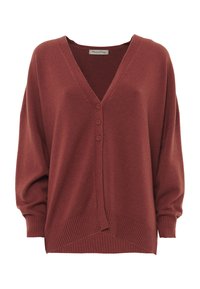 Cardigan di maglia oversize color ruggine con scollatura a V, tre bottoni frontali, maniche lunghe e polsini e orlo a costine.