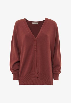 Cardigan en tricot surdimensionné, couleur rouille, avec un décolleté en V, trois boutons à l'avant, des manches longues et des poignets et un ourlet côtelés.