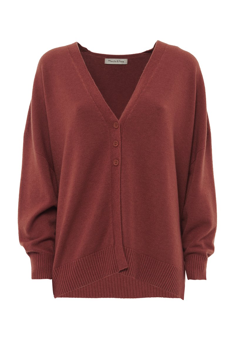 Cardigan di maglia oversize color ruggine con scollatura a V, tre bottoni frontali, maniche lunghe e polsini e orlo a costine.
