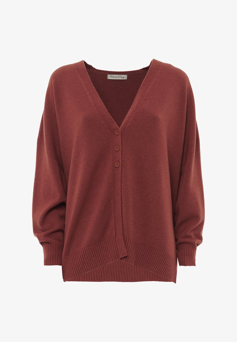 Cardigan di maglia oversize color ruggine con scollatura a V, tre bottoni frontali, maniche lunghe e polsini e orlo a costine.
