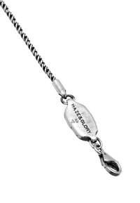 Silver chain necklace with a twisted design. Features a clasp with a flat tag embossed "HAZE & GLORY" and the year "2015."