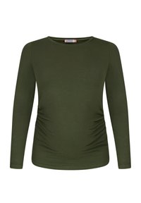 Langärmliges Umstandoberteil in Olivgrün. Mit seitlichen Raffung für eine optimale Passform, rundem Ausschnitt und weichem Stretchstoff. Glatte Textur, lässiges Design.