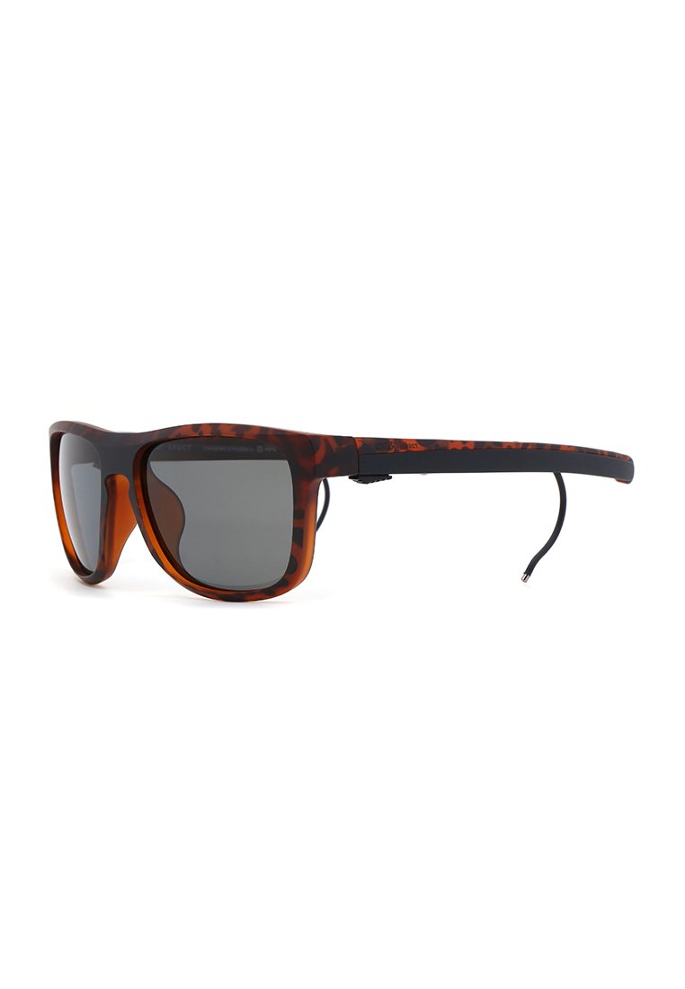 Gafas de sol de carey con lentes grises, montura redonda, bordes gruesos y un acento negro en la patilla. Incluyen un accesorio de cordón desmontable.