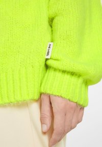 Neon green knit sweater with ribbed cuffs and hem, featuring a small tag reading “THE LABEL.” Soft, textured yarn with a fluffy appearance.