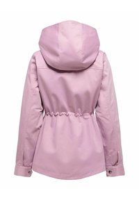 Veste à capuche violet clair avec taille froncée, manches longues et poignets à boutons-pression montrée de dos sur fond blanc.