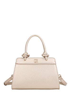 Sac à main en cuir beige texturé avec deux anses supérieures nouées, bandoulière amovible et logo "GR" doré sur le devant.