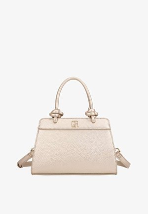 Sac à main en cuir beige texturé avec deux anses supérieures nouées, bandoulière amovible et logo "GR" doré sur le devant.