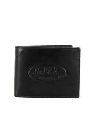 Portafoglio nero in pelle bifold con logo "Von Dutch California" in rilievo sul davanti, mostrato chiuso su sfondo bianco.