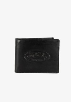Portafoglio nero in pelle bifold con logo "Von Dutch California" in rilievo sul davanti, mostrato chiuso su sfondo bianco.