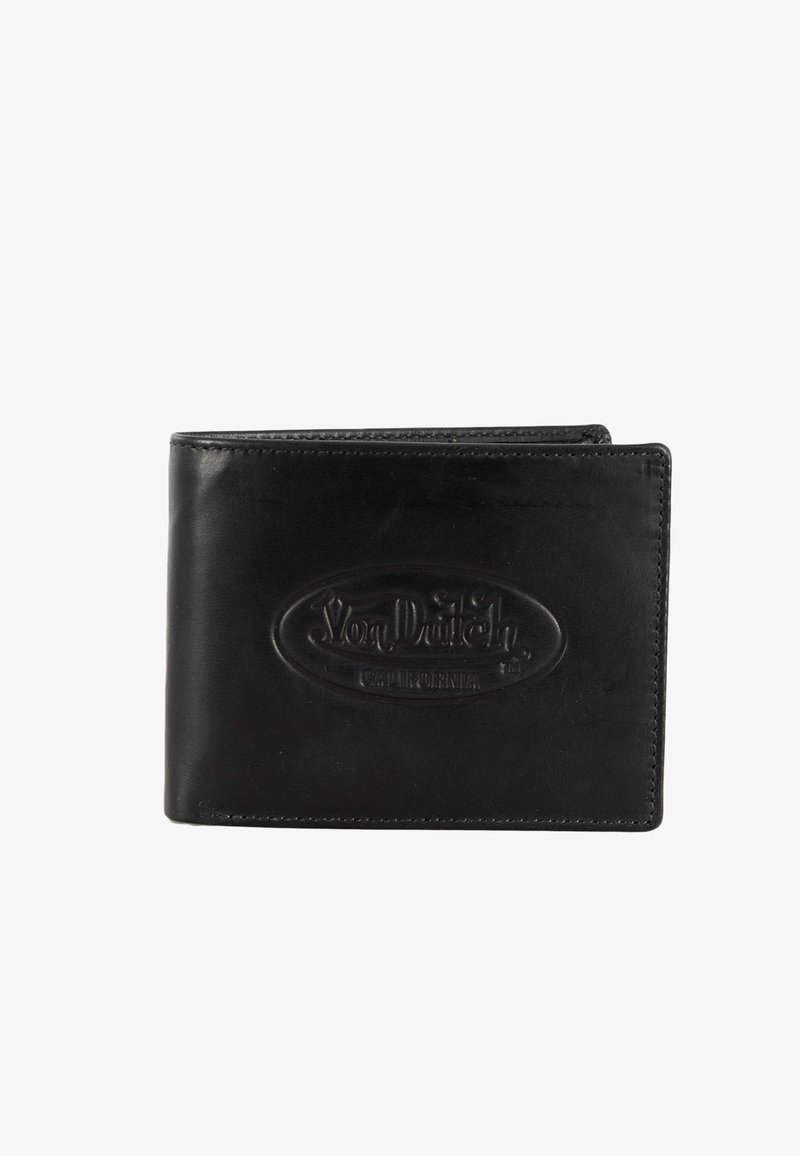 Portefeuille noir en cuir bifold avec logo en relief "Von Dutch California" sur le devant, présenté fermé sur fond blanc.