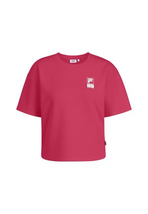 Bright pink cropped T-shirt with short sleeves and a small white Fila logo on the upper left chest.