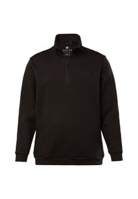 Sudadera negra con collar de cremallera de un cuarto, hecha de un tejido suave. Presenta un logo sutil en el pecho y puños y dobladillo acanalados.