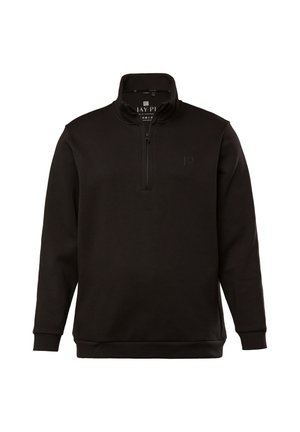 Sort sweatshirt med lynlås halvvejs op til kraven, lavet af blødt stof. Har et diskret logo på brystet samt ribbede manchetter og kant.