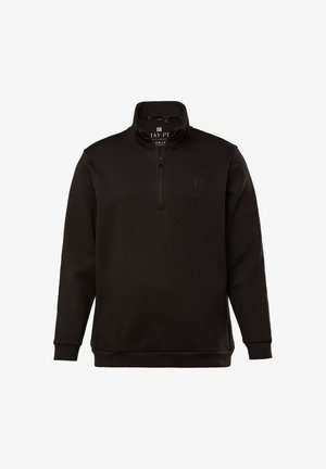 Schwarzer Sweatshirt mit einem Viertel-Reißverschluss-Kragen, aus weichem Stoff. Verfügt über ein dezentes Logo auf der Brust sowie gerippte Manschetten und Saum.