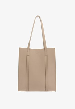 Sac cabas en cuir beige avec deux longues anses, forme rectangulaire, texture lisse et branding discret sur le devant.
