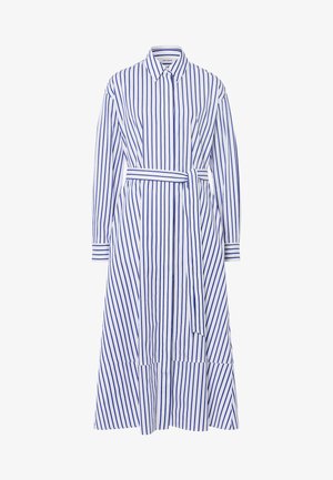 Abito a righe bianco e blu, con colletto, maniche lunghe, vita con cintura e orlo a strati. Realizzato in tessuto leggero.