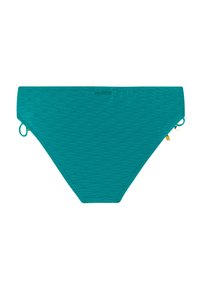 Türkisfarbener Bikini-Slip mit strukturiertem Diamantmuster, seitlichen Bindungen mit goldfarbenem Metall und aufgedrucktem Logo im vorderen Taillenbereich.