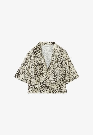 Camicia a maniche corte con colletto in tessuto cremisi caratterizzata da un motivo leopardato nero. Include una tasca sul petto e un design a vestibilità ampia.