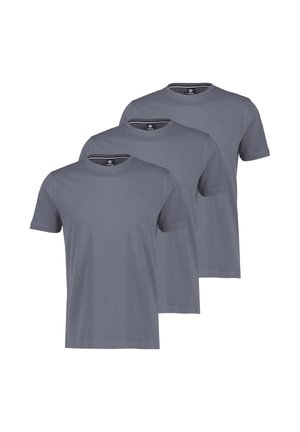 Drei schlichte graue T-Shirts mit kurzen Ärmeln und Rundhalsausschnitt, in einem versetzten, überlappenden Layout angeordnet.