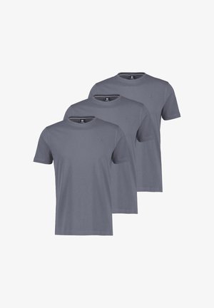 Drei schlichte graue T-Shirts mit kurzen Ärmeln und Rundhalsausschnitt, in einem versetzten, überlappenden Layout angeordnet.