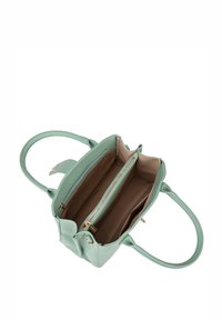 Borsa a mano verde menta con esterno testurizzato, doppio manico e scomparti multipli, incluso un taschino con cerniera. L'interno è in tessuto beige.