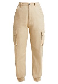 Beige cargo broeken met een aansluitende taille, elastische manchetten, zijzakken en een gladde textuur. Gemaakt van duurzaam materiaal voor functionaliteit.