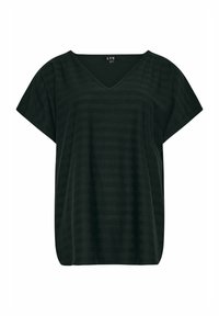 Top de manga corta a rayas negras con escote en V, que presenta un corte holgado y una textura suave. Fabricado con un tejido ligero para mayor comodidad.