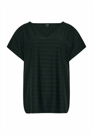 Top a maniche corte a righe nere con scollatura a V, caratterizzato da una vestibilità morbida e una consistenza soffice. Realizzato in tessuto leggero per il massimo comfort.