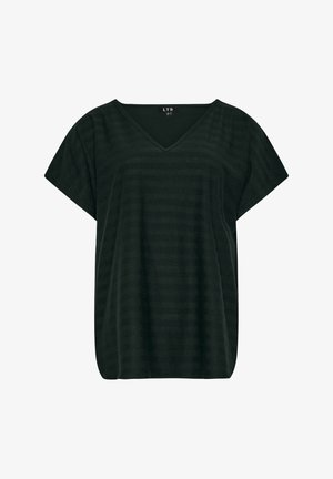 Zwart gestreepte top met korte mouwen en een V-halslijn, met een losse pasvorm en zachte textuur. Gemaakt van lichte stof voor comfort.