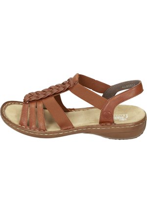 Brown leather sandals featuring a braided front strap, elastic side straps, and a cushioned footbed with a low platform sole.