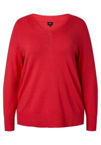 Pull rouge en maille avec col en V, manches longues, ourlet et poignets côtelés. Texture lisse, épaisseur moyenne et coupe décontractée.