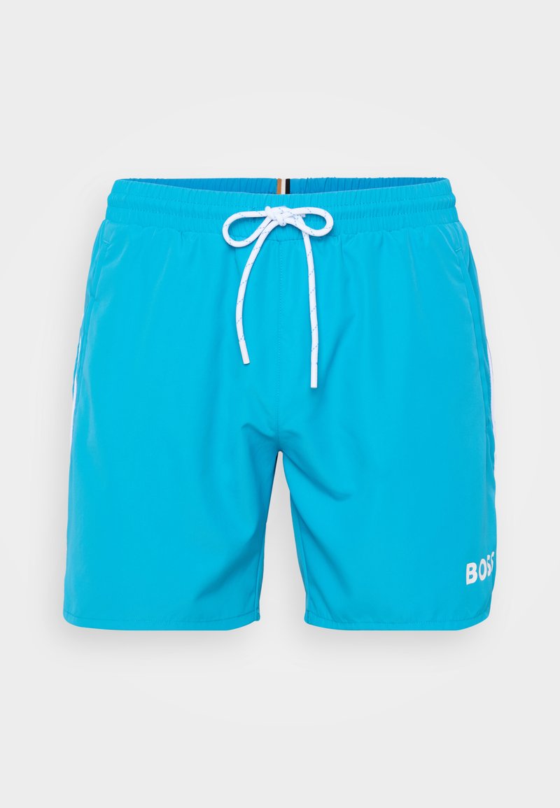 Turquoise zwemshorts van gladde stof. Voorzien van een elastische tailleband met een trekkoord en zijzakken. "BOSS" logo in het wit.