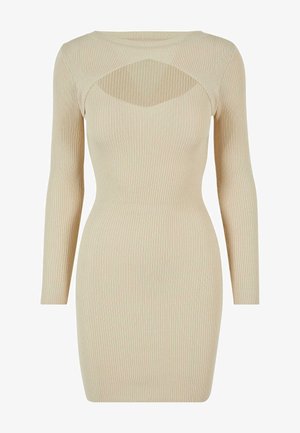 Strickkleid in hellbeige mit langen Ärmeln, gerippter Textur und einem einzigartigen Ausschnitt-Design unter dem Halsauschnitt. Figurbetonte Silhouette.