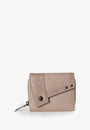 Beige leather wallet with a zip closure, featuring a flap and black snap button accents. Smooth texture and stitched detailing visible.