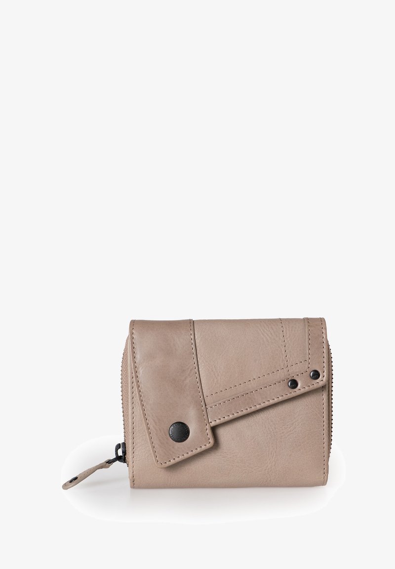 Beige leather wallet with a zip closure, featuring a flap and black snap button accents. Smooth texture and stitched detailing visible.