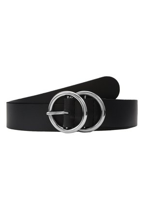 Ceinture en cuir noir avec deux boucles circulaires en argent, texture lisse et design élégant avec une extrémité effilée.