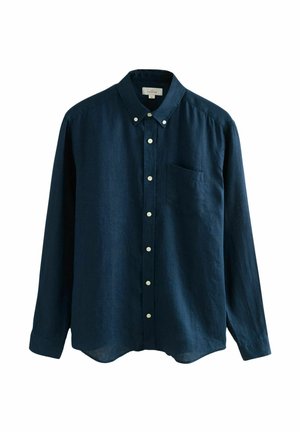 Camicia button-up blu navy a maniche lunghe con colletto, dotata di taschino, bottoni bianchi e un morbido tessuto di lino testurizzato.