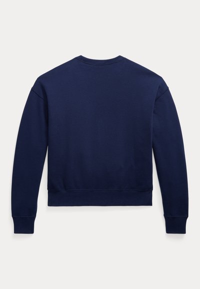 Sweat-shirt bleu marine à manches longues avec col rond, poignets et ceinture côtelés, vu de dos sur un fond clair uni.