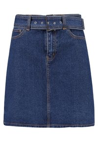 Jupe en denim bleu foncé avec taille ceinturée. Comprend cinq passants de ceinture, des poches avant et des surpiqûres contrastantes. Ourlet droit.