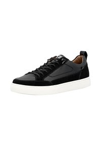 Black sneaker made of leather and suede, featuring a white rubber sole, lace-up design, and subtle stitching details.