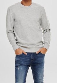 Felpa grigia a maniche lunghe con scollo rotondo, realizzata in tessuto morbido. Abbinata a jeans blu strappati per un look casual.