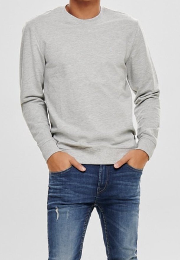 Felpa grigia a maniche lunghe con scollo rotondo, realizzata in tessuto morbido. Abbinata a jeans blu strappati per un look casual.