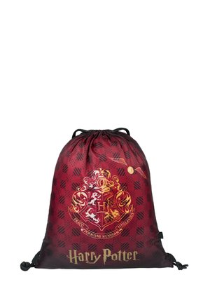 Drawstring bag featuring a red and black checkered pattern, adorned with a gold Gryffindor crest and "Harry Potter" text at the bottom.