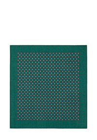 Zielona tkanina z geometrycznym wzorem małych czerwonych i niebieskich kropek rozmieszczonych równomiernie, tworzących fakturowaną powierzchnię. Kształt kwadratu.